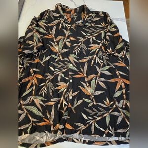 Tori Richard Black and Orange Leaf Pattern Men's 3XLT Hawaiian Button Up Shirt